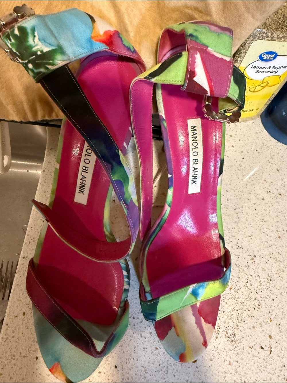 Manolo Blahnik Multicolor Satin Ankle-Strap Sandals with Pink Footbed - Picture 7 of 13